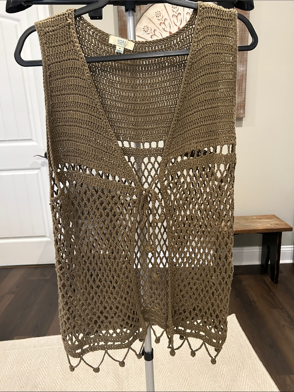 Kori Woman’s Olive Crochet Openwork Tie-Front Vest / BOHO/ Size Medium
